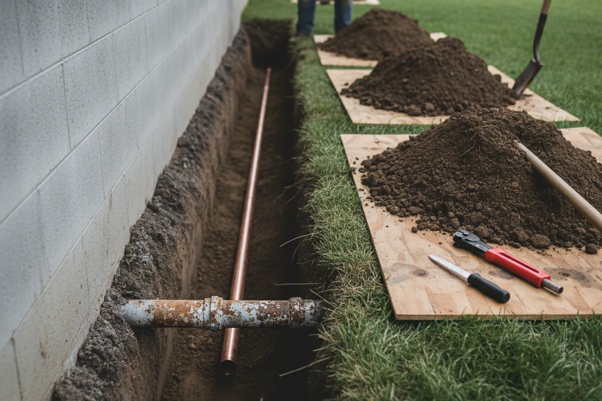 Excavated water line trench during Water Softener Installation in Genoa